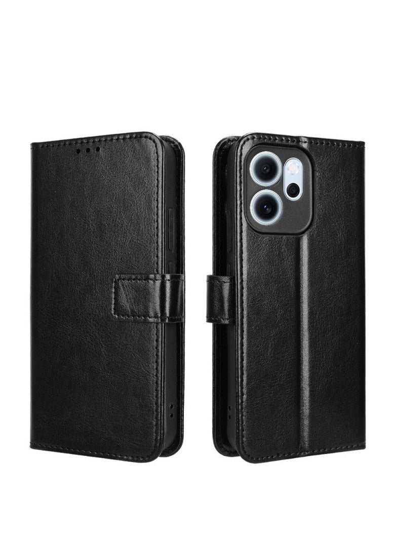جراب هاتف جلدي قلاب أفقي بتصميم نسيجي لهاتف OPPO Reno14 F 5G R64 (أسود) - Image 1
